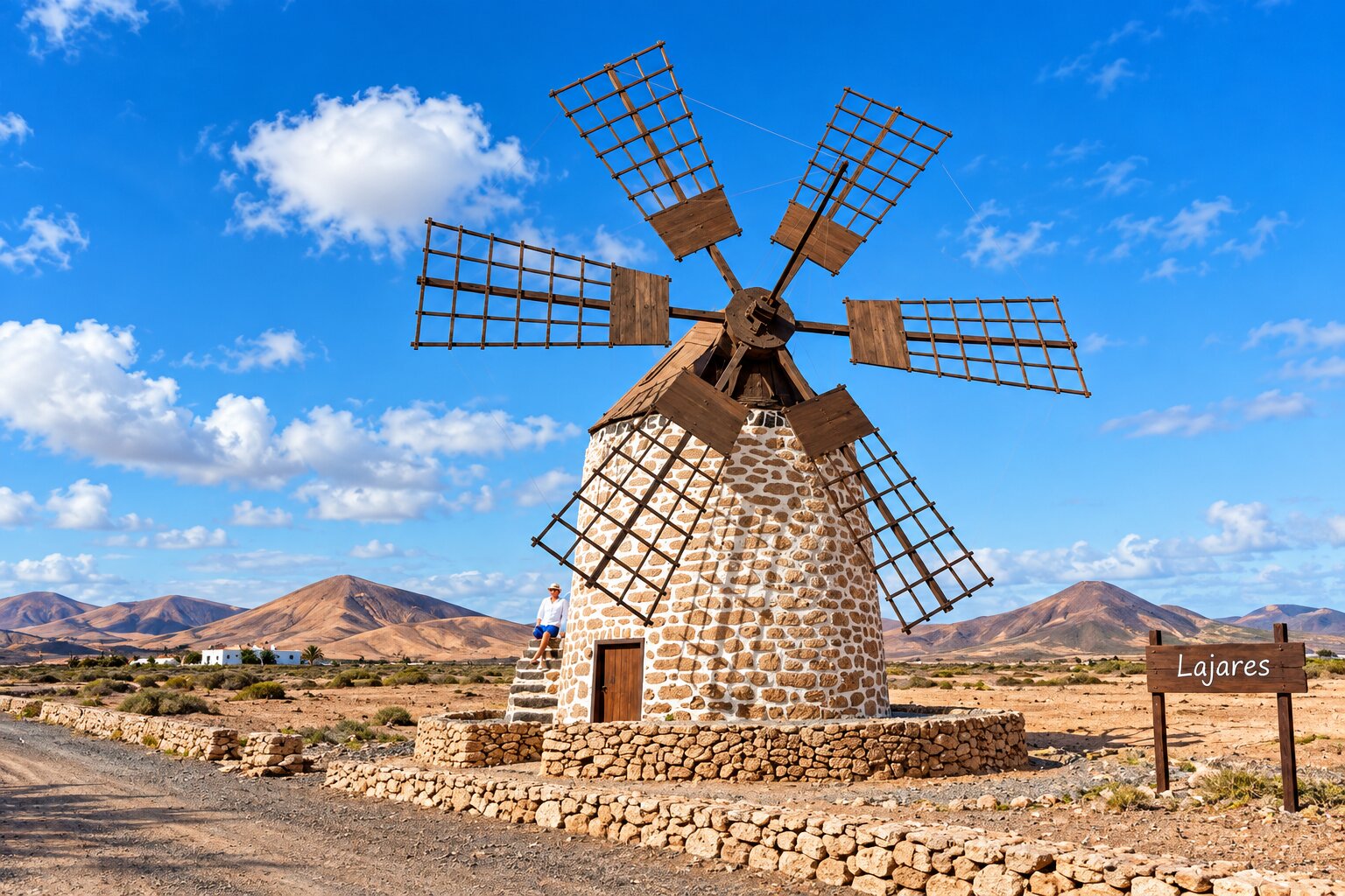 Traditional windmill in Lajares auf Fuerteventura, surrounded by volcanic landscape