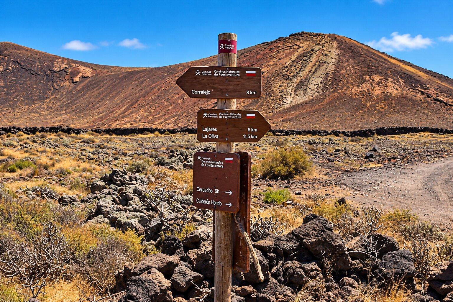 Hiking trail signs near Lajares and Calderón Hondo in northern Fuerteventura