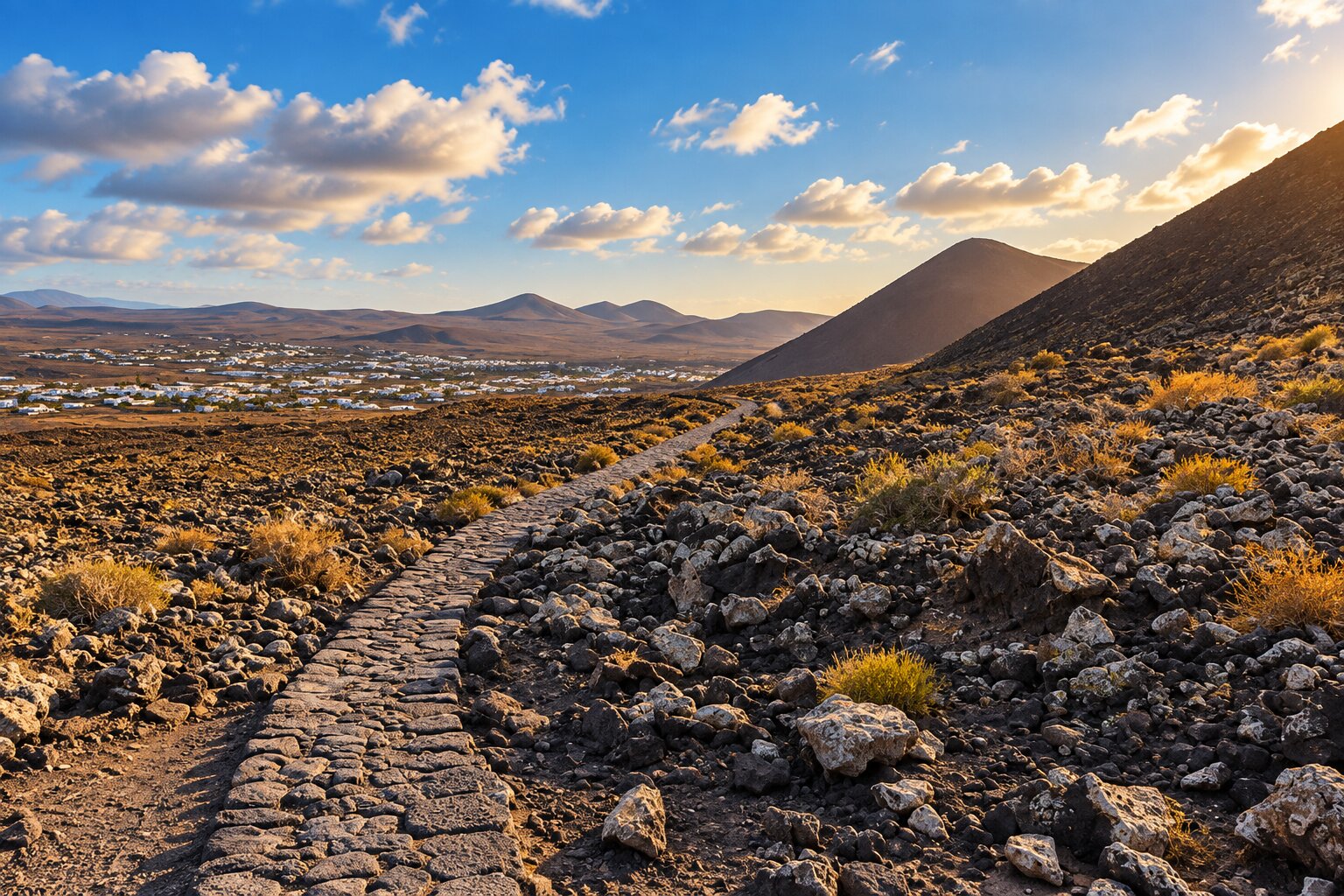 Volcanic hiking trail with views over Lajares, Fuerteventura at sunset
