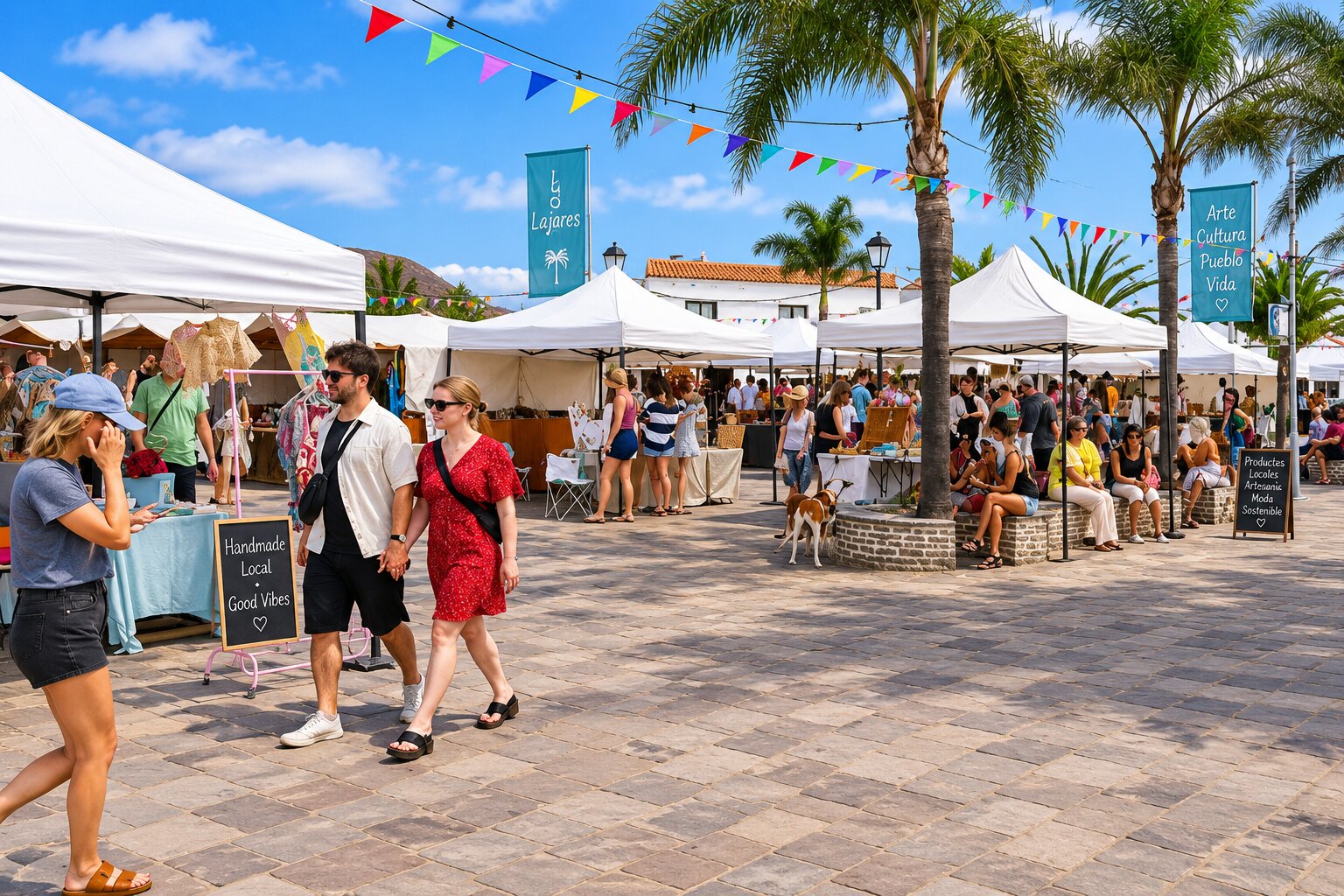 Local craft market in Lajares auf Fuerteventura with artisan stalls and palm trees